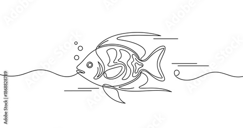 Abstract line art of fish with geometric patterns and water elements. No editable strokes