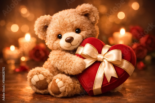 Adorable plush teddy bear holding heart gift in warm candlelight romantic scene