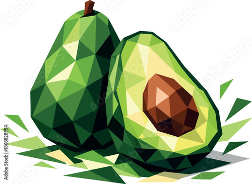 Geometric Avocado Illustration. Low-poly vector illustration of a whole avocado with a cut half symbolizing superfood and healthy