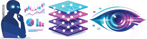 AI Analysis Silhouette. Robot silhouette analyzing charts, machine learning algorithm layers, and futuristic AI eye scanning