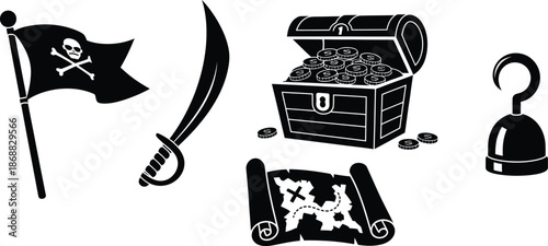 Jolly Roger flag on a flagpole, open treasure chest overflowing with gold coins, pirate saber, treasure map, pirate hook hand vector illustration silhouette. 