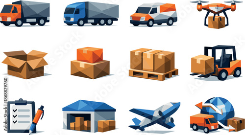 Low-Poly Logistics Icons. Logistics and Delivery Low-Poly Vector Icon Set, trucks, packages, courier drones, supply chain.