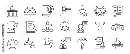 Set of Justice Law Court Legal Services Vector Line Icons as Courthouse Group of People Judge Book Document Shield Stamp Scales Speech Bubble and Graduation Cap
