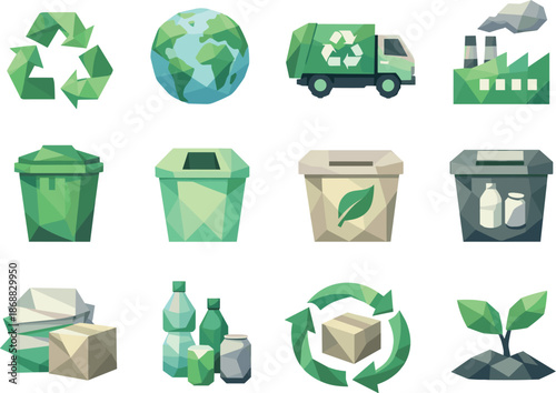 Eco-Friendly Icon Set. Recycling Low-Poly Vector Icon Set, recycling process, eco bins, environmental protection. Low-poly vector