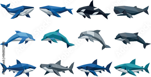 Low-Poly Marine Icons. Modern low-poly marine life icon set illustrating whales, dolphins, and sharks in a clean geometric vector