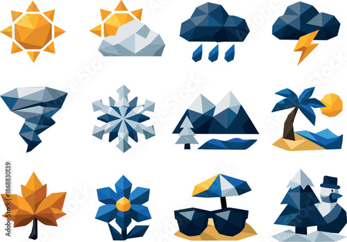 Weather Icon Set. A professional low-poly vector icon set dedicated to weather forecasting and climate visuals, featuring sun and