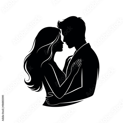 Couple embracing tenderly, silhouetted against a white background, illustration, intimate moment, close-up view
