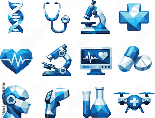 Future Medicine Icon Set. Future Medicine Low-Poly Vector Icon Set, DNA helix, stethoscopes, microscopes, advanced healthcare