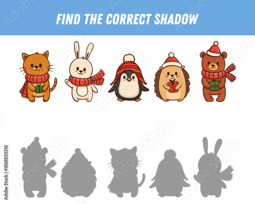 Find the correct shadow of the animals. Cat, bunny, penguin, hedgehog, bear. Educational logic game for children. Cute animal cartoon characters. Vector illustration