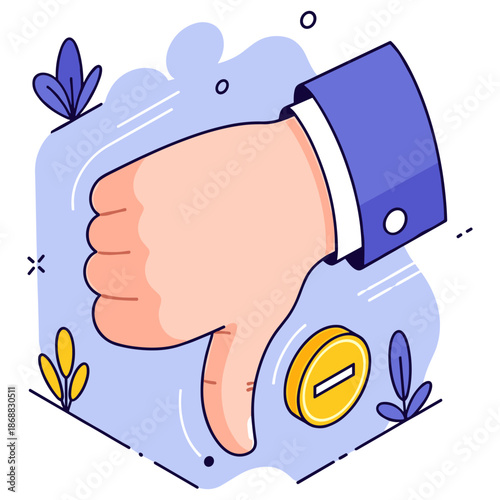 Thumbs down gesture with dislike icon in colorful cartoon style