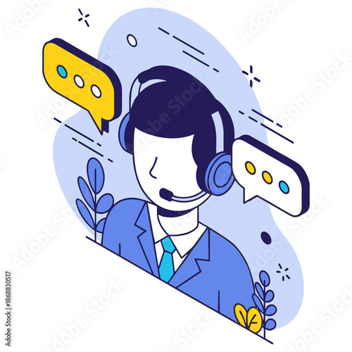 Male customer service representative with headset and chat bubbles