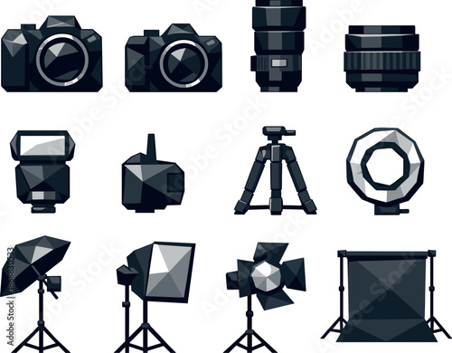 Low-Poly Photography Icons. Modern photography tools visualized in a cohesive low-poly vector icon set showing cameras, optical