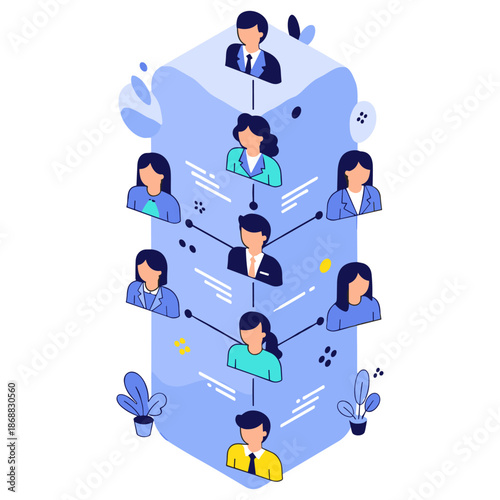 Business team hierarchy with connected professionals and growth concept