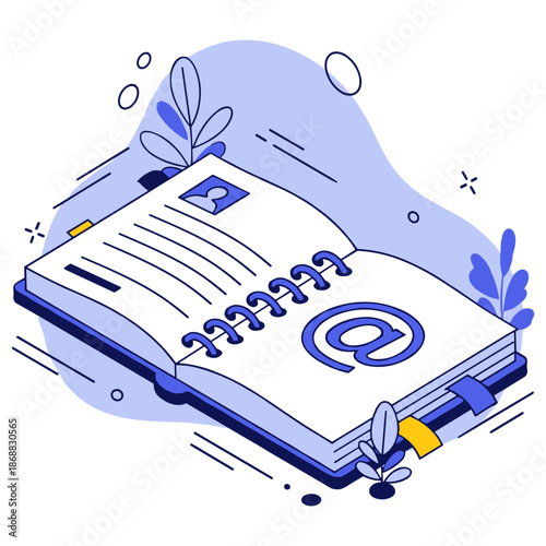 Illustrated open notebook with email symbol and decorative plants