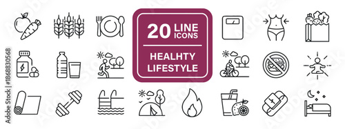 Set of Line Icons Represents Healthy Lifestyle Wellness Exercise Diet Nutrition Isolated on White Background