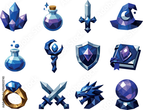 Low-Poly Magic Icons. Epic fantasy and magic symbolism represented through a low-poly vector icon set of enchanted crystals,