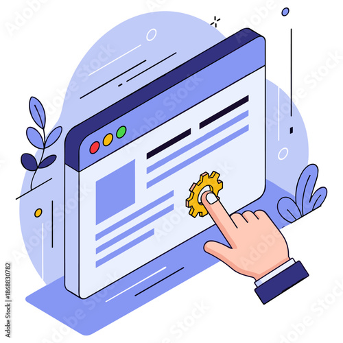 Hand interacting with website interface cogwheel for online settings adjustment