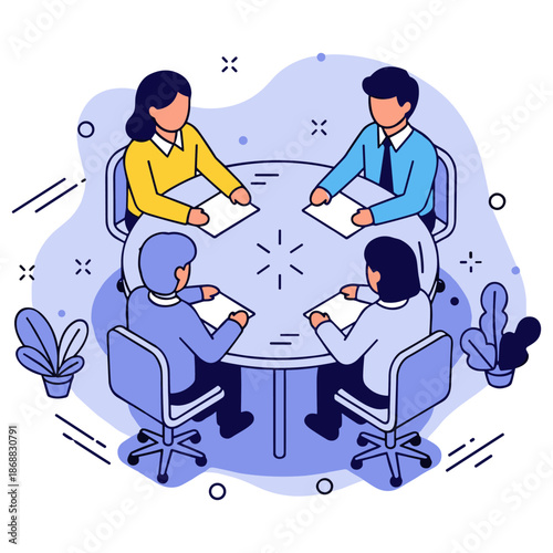 Diverse team meeting: multiracial professionals collaborate around round table