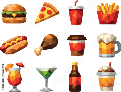 Low-Poly Food Icons. Food and Drinks Low-Poly Vector Icon Set, burgers, pizza slices, cocktails, fast food and beverages. Low-poly