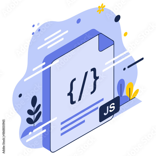 Abstract javascript coding icon with brackets and floral accents
