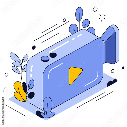 Creative blue camcorder with play button and abstract leaf design