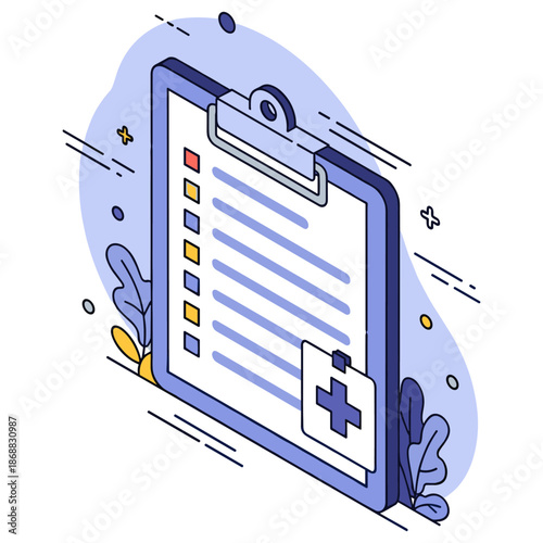Illustrated medical clipboard with checklists and cross symbol