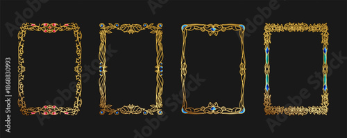 A set of A4 gold frames, engraved gold handles inlaid with gemstones. Vector frame template with decorative pattern. Ornamental border, jewelry, heraldry, decoration, printout, abstract art, isolated.