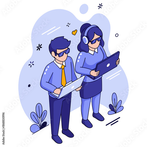 Stylish caucasian male and female adults using laptops in modern tech workspace