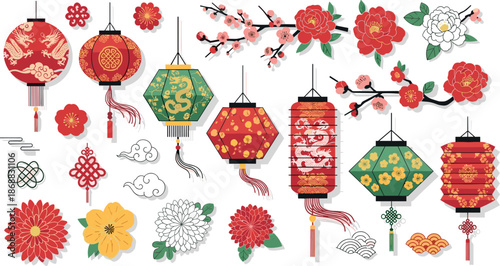 Colorful chinese lanterns and flowers isolated on white background for decoration