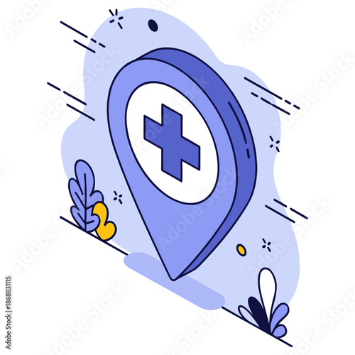 Medical location icon with cross on blue background and decorative elements