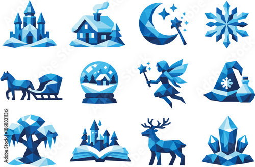 Winter Fairy Tale Icons. Geometric low-poly vector icons depicting a winter fairy tale world with snow, magic elements, and