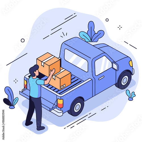Illustration of man loading boxes into blue pickup truck