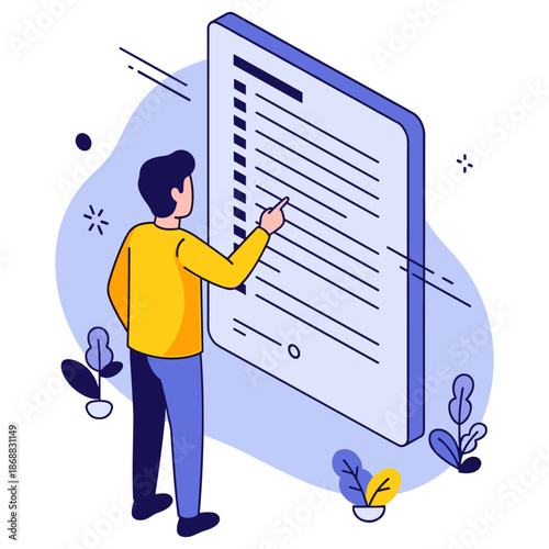 Young caucasian male interacting with large tablet interface in modern digital setting