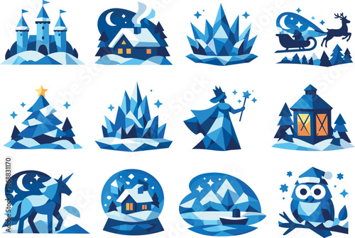 Winter Fairytale Icons. Low-poly vector icon set of winter fairy tale scenes in sharp geometric polygonal style with faceted