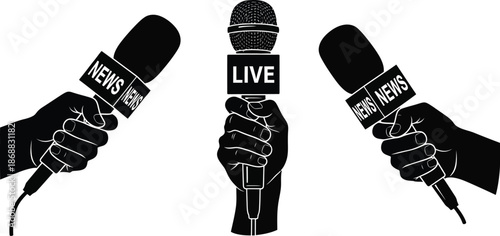 Hands holding microphones for news reporting vector illustration silhouette. hands holding three news microphones for an interview or live report. Reporter microphones live news. 