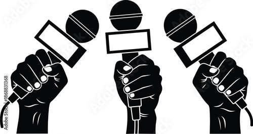 Hands holding microphones for news reporting vector illustration silhouette. hands holding three news microphones for an interview or live report. Reporter microphones live news. 