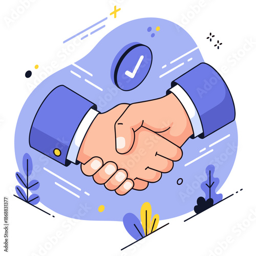 Cartoon handshake agreement illustration with checkmark and abstract background