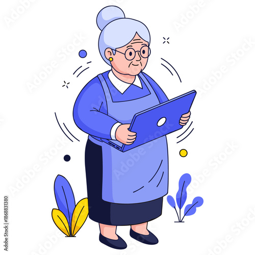Elderly caucasian woman using laptop in apron with blue and yellow accents