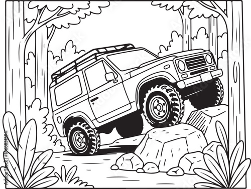 An off road vehicle navigates a rocky wooded terrain in a detailed illustration