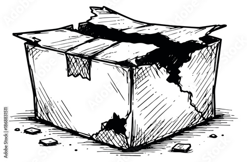 Hand drawn line art illustration of a cardboard box depicting damage and destruction for shipping issues