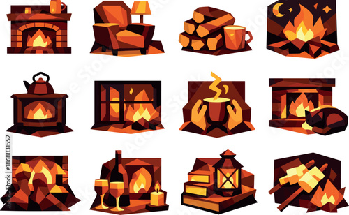 Cozy Fireplace Icons. Low-poly vector icon set of cozy fireplace evening scenes rendered in sharp geometric polygonal style with