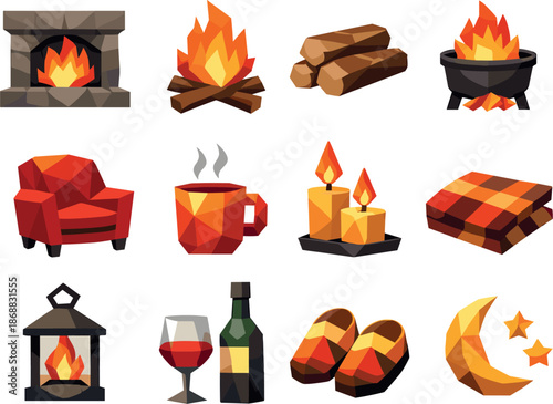 Geometric Fireplace Icons. Geometric low-poly vector icons illustrating a fireplace evening atmosphere with flames, hearth