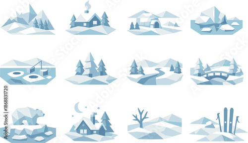 Winter Icon Set. Low-poly vector icon set of white winter landscape scenes rendered in sharp geometric polygonal style with
