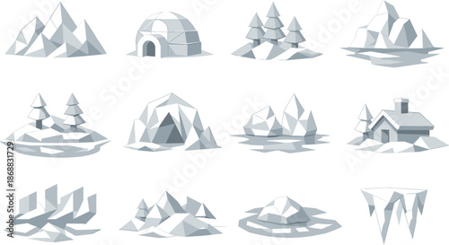 Low-Poly White Icons. Stylized low-poly white landscape icons designed with sharp angular polygons and faceted snowy terrain