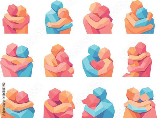 Warm Hug Icons. Stylized low-poly warm hug icons designed with sharp angular polygons and faceted emotional silhouettes for a