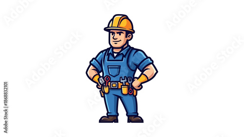 Cartoon Construction Worker Wearing Hard Hat.