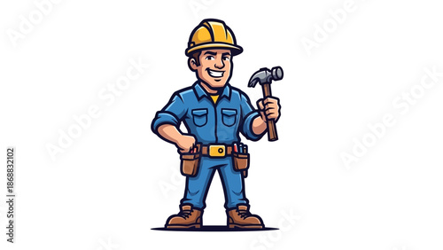 Cartoon Construction Worker Wearing Hard Hat.