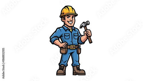 Cartoon Construction Worker with Hammer and Tools.