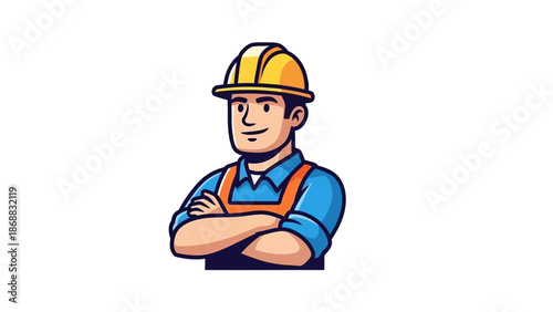 Cartoon Construction Worker Wearing Hard Hat.
