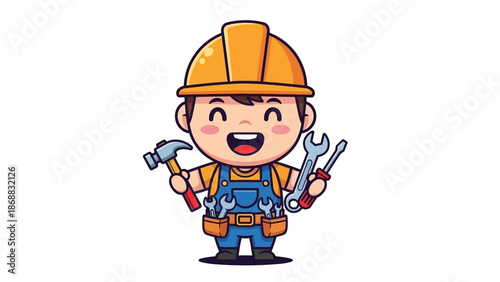 Cartoon Construction Worker with Tools.
